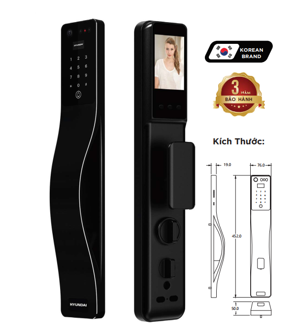 Khóa cửa vân tay Hyundai HY-SLA807F Face ID, Black App wifi