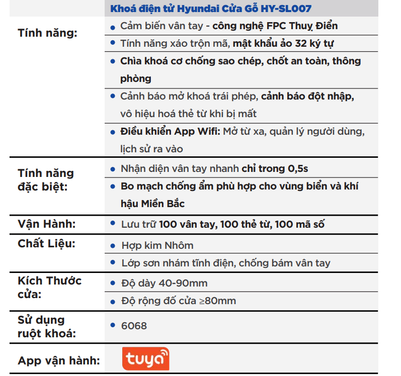 Thông số chi tiết Khóa cửa vân tay Hyundai HY-SL007