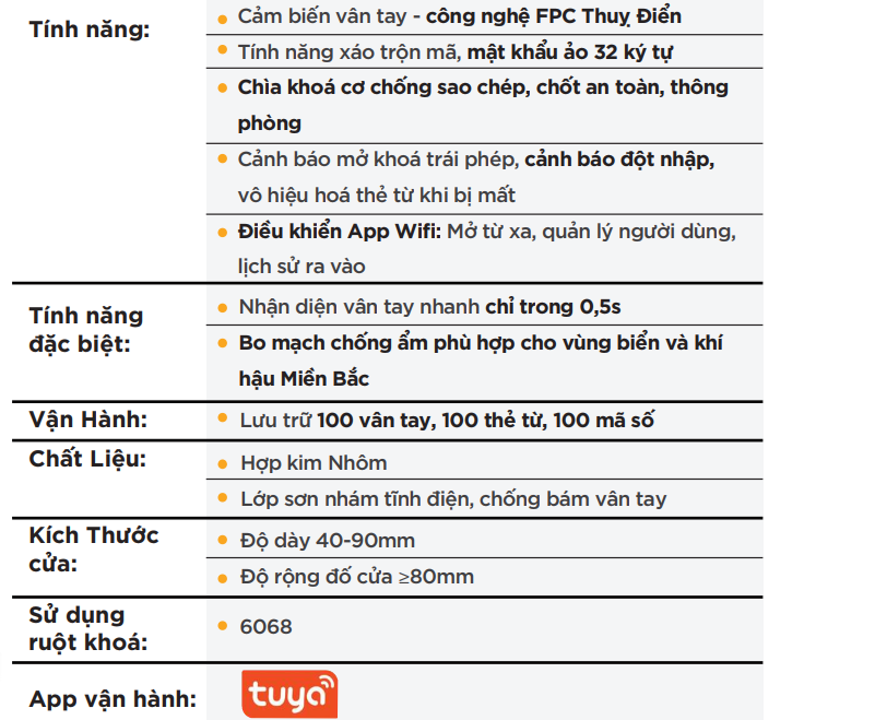 Thông số chi tiết Khóa cửa vân tay Hyundai HY-SL609