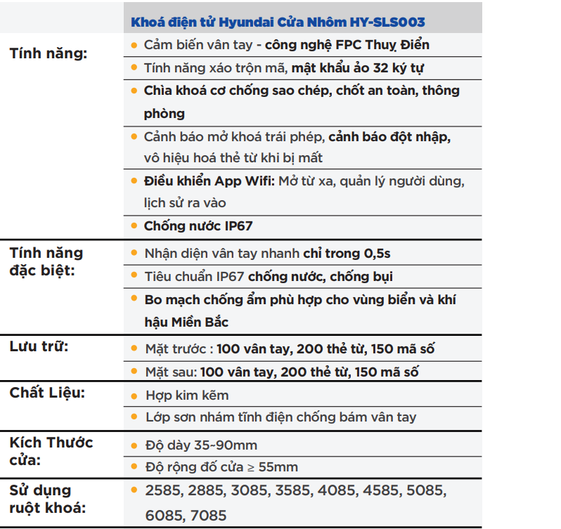 Thông số chi tiết Khóa cửa vân tay Hyundai HY-SLN003